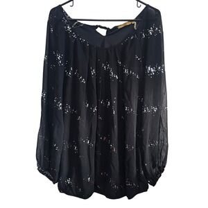 Valerie Stevens Woman Black Sequin Sheer Blouse Plus Size 2X Long Sleeve Keyhole